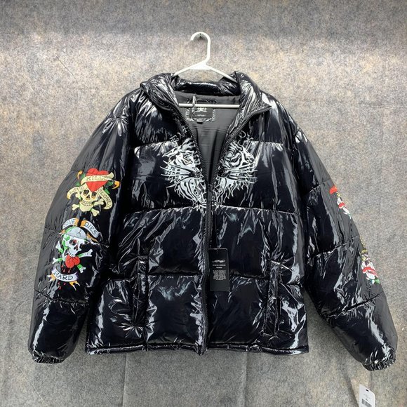 Ed Hardy Other - Ed Hardy Jacket Men Extra Large Black Hooded Full Zip Puffer Nylon Big Print